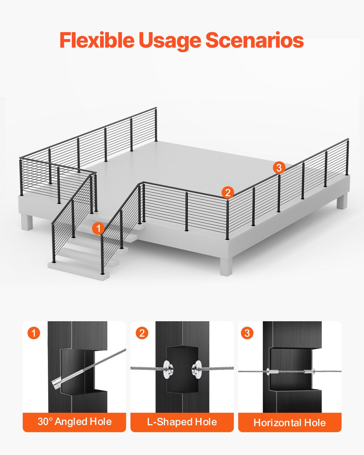 VEVOR 4-Pack Cable Railing Post, 42x1x2 In Horizontal-Hole Deck Railing Post with Pre-Drilled Holes, Stainless Steel Cable Rail Post with Horizontal and Curved Bracket, Black, 4JZLGZXHS106REP67001V0 - 4JZLGZXHS106REP67001V0 - view 6