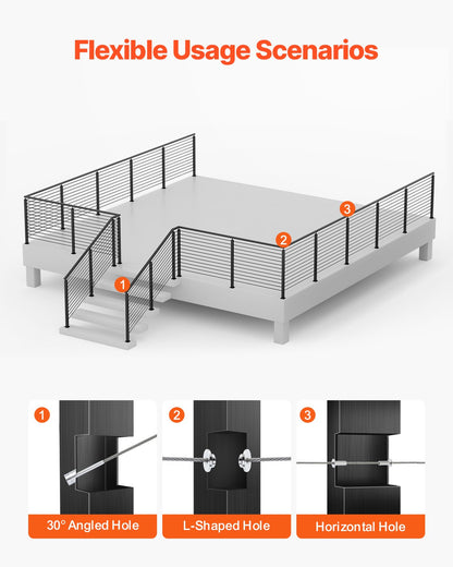 VEVOR 4-Pack Cable Railing Post, 42x1x2 In Horizontal-Hole Deck Railing Post with Pre-Drilled Holes, Stainless Steel Cable Rail Post with Horizontal and Curved Bracket, Black, 4JZLGZXHS106REP67001V0 - 4JZLGZXHS106REP67001V0 - view 6