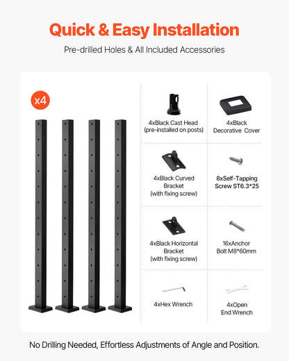 VEVOR 4-Pack Cable Railing Post, 42x1x2 In Horizontal-Hole Deck Railing Post with Pre-Drilled Holes, Stainless Steel Cable Rail Post with Horizontal and Curved Bracket, Black, 4JZLGZXHS106REP67001V0 - 4JZLGZXHS106REP67001V0 - view 7