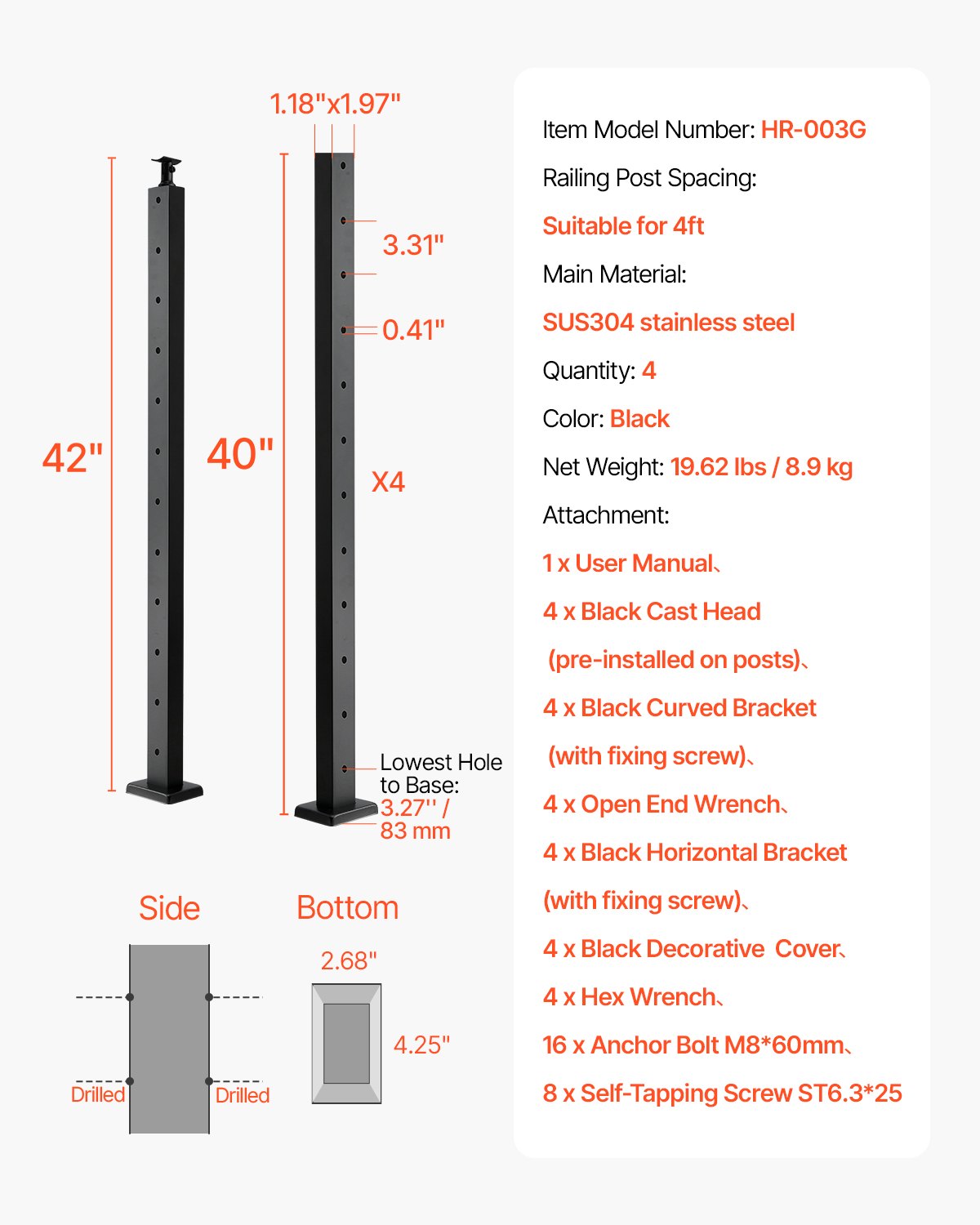 VEVOR 4-Pack Cable Railing Post, 42x1x2 In Horizontal-Hole Deck Railing Post with Pre-Drilled Holes, Stainless Steel Cable Rail Post with Horizontal and Curved Bracket, Black, 4JZLGZXHS106REP67001V0 - 4JZLGZXHS106REP67001V0 - view 8