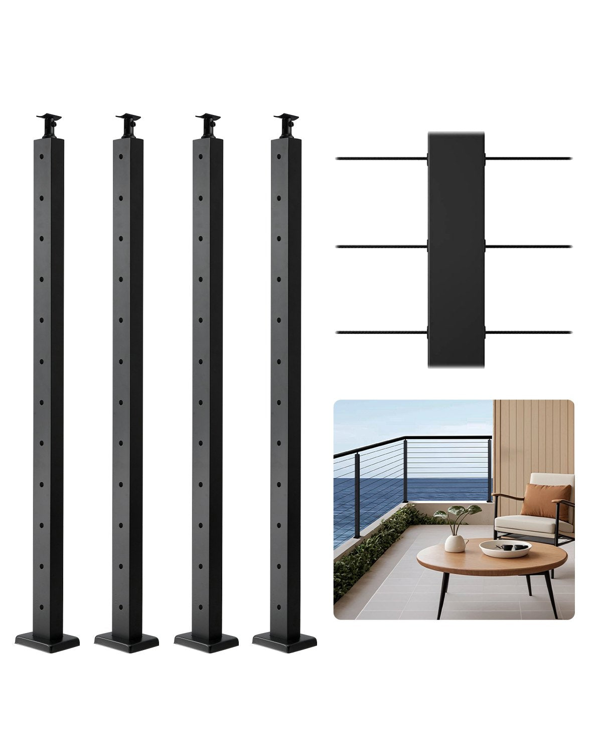 VEVOR 4-Pack Cable Railing Post, 42x2x2 In Horizontal-Hole Deck Railing Post with Pre-Drilled Holes, Stainless Steel Cable Rail Post with Horizontal and Curved Bracket, Black, 4JZLGZXHS106URZU0001V0 - 4JZLGZXHS106URZU0001V0 - view 1