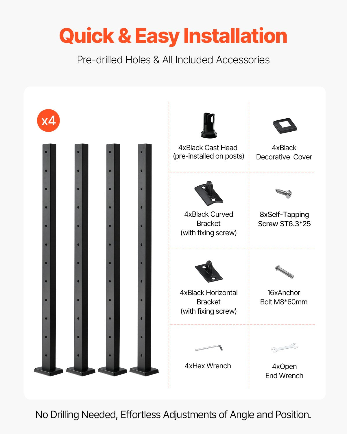 VEVOR 4-Pack Cable Railing Post, 42x2x2 In Horizontal-Hole Deck Railing Post with Pre-Drilled Holes, Stainless Steel Cable Rail Post with Horizontal and Curved Bracket, Black, 4JZLGZXHS106URZU0001V0 - 4JZLGZXHS106URZU0001V0 - view 7