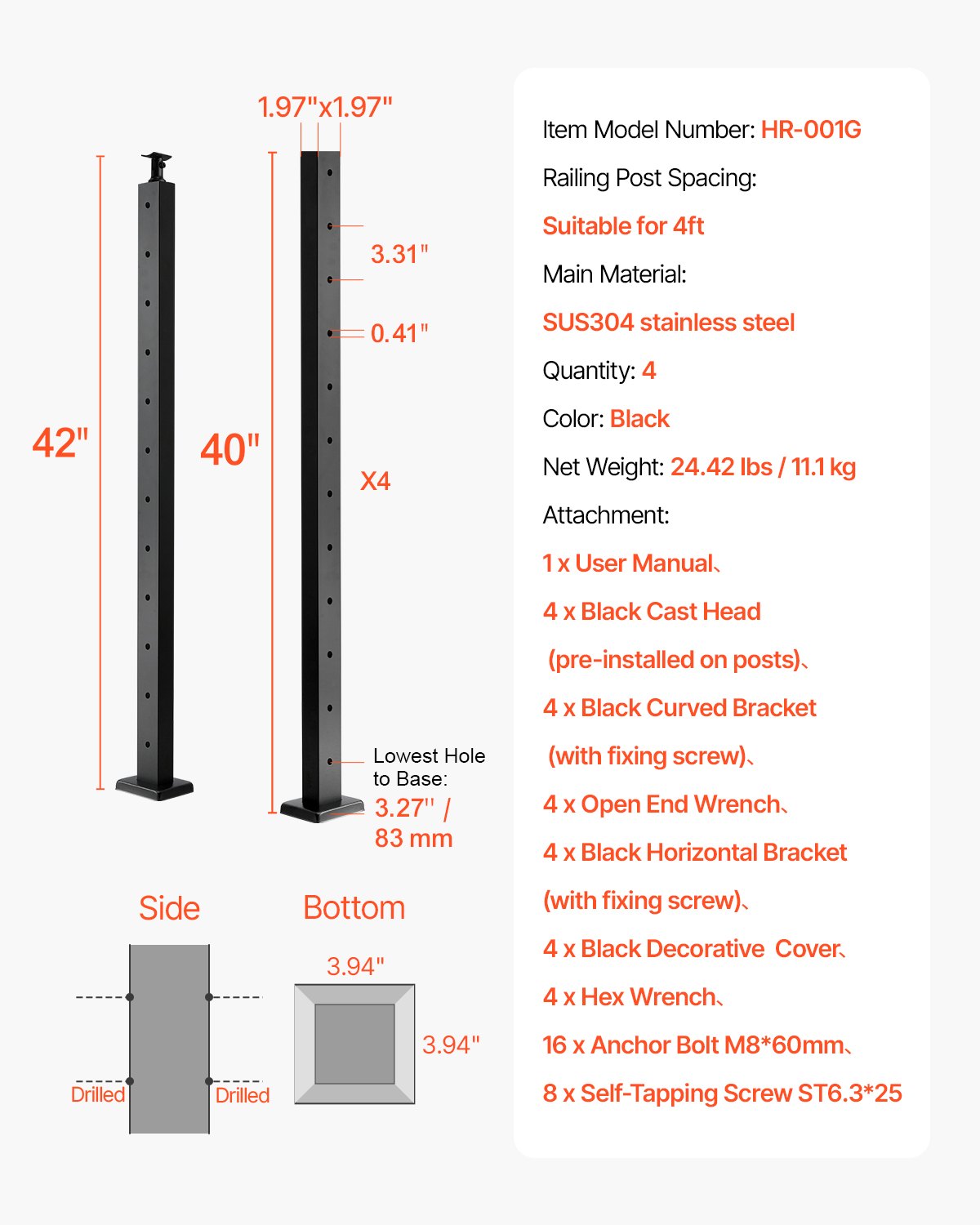 VEVOR 4-Pack Cable Railing Post, 42x2x2 In Horizontal-Hole Deck Railing Post with Pre-Drilled Holes, Stainless Steel Cable Rail Post with Horizontal and Curved Bracket, Black, 4JZLGZXHS106URZU0001V0 - 4JZLGZXHS106URZU0001V0 - view 8