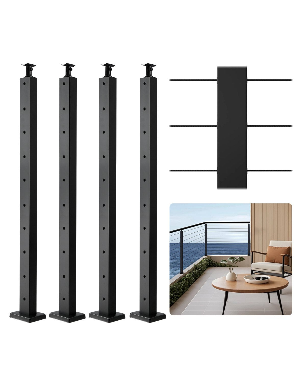 VEVOR 4-Pack Cable Railing Post, 36x1x2 In Horizontal-Hole Deck Railing Post with Pre-Drilled Holes, Stainless Steel Cable Rail Post with Horizontal and Curved Bracket, Black, 4JZLGZXHS914UUOI6001V0 - 4JZLGZXHS914UUOI6001V0 - view 1