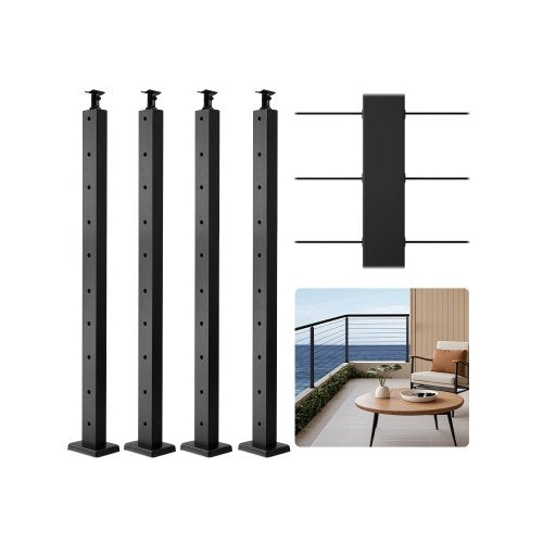 VEVOR 4-Pack Cable Railing Post, 36x1x2 In Horizontal-Hole Deck Railing Post with Pre-Drilled Holes, Stainless Steel Cable Rail Post with Horizontal and Curved Bracket, Black, 4JZLGZXHS914UUOI6001V0 - 4JZLGZXHS914UUOI6001V0 - view 2