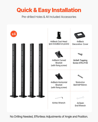 VEVOR 4-Pack Cable Railing Post, 36x1x2 In Horizontal-Hole Deck Railing Post with Pre-Drilled Holes, Stainless Steel Cable Rail Post with Horizontal and Curved Bracket, Black, 4JZLGZXHS914UUOI6001V0 - 4JZLGZXHS914UUOI6001V0 - view 7