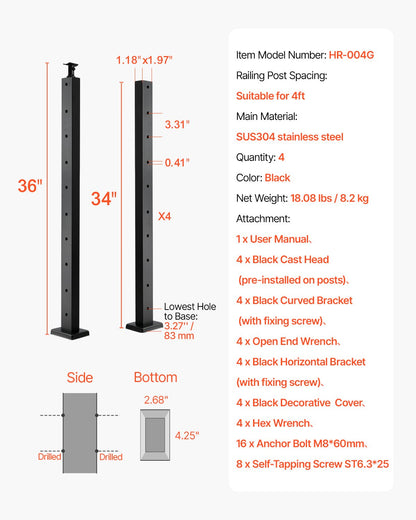 VEVOR 4-Pack Cable Railing Post, 36x1x2 In Horizontal-Hole Deck Railing Post with Pre-Drilled Holes, Stainless Steel Cable Rail Post with Horizontal and Curved Bracket, Black, 4JZLGZXHS914UUOI6001V0 - 4JZLGZXHS914UUOI6001V0 - view 8