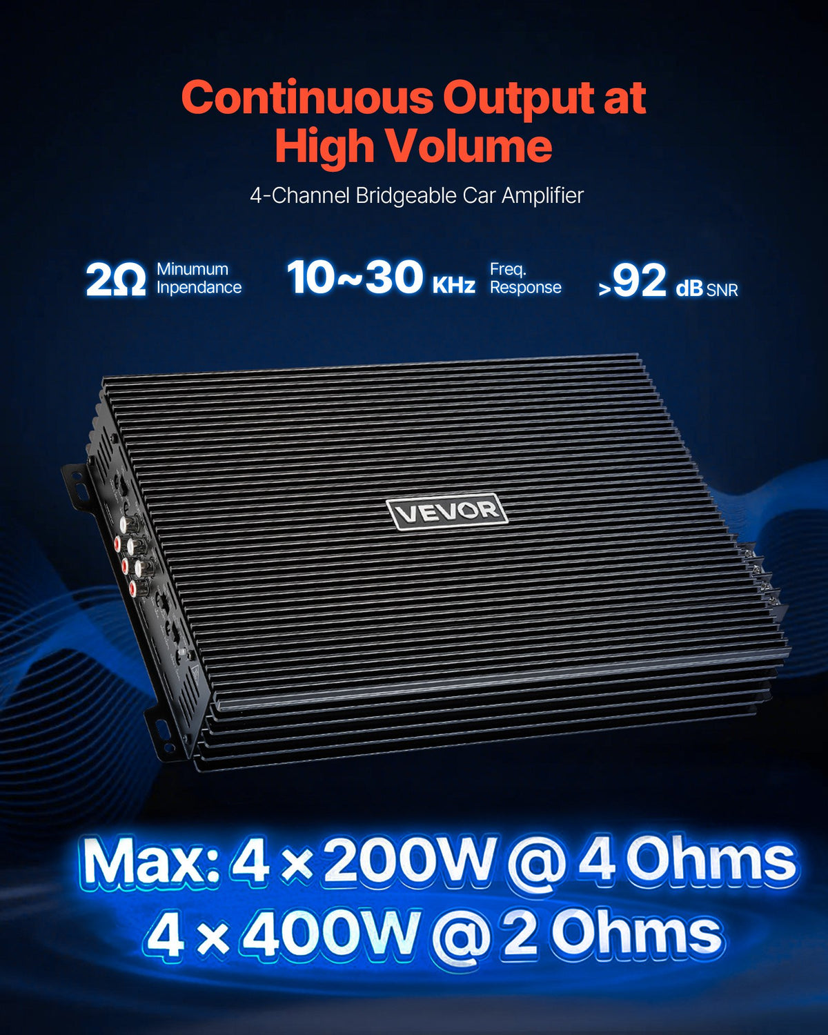 VEVOR 4 Channel Car Audio Amplifier 2 Ohm Stable Bridgeable Class A/B Full Range Amp Max Power 4 x 200W @ 4 Ohm / 4 x 400W @ 2 Ohm for Car SUV Truck Off-Road - 4TDABL4X100WHSZA8001V9 - view 3