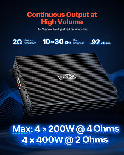 VEVOR 4 Channel Car Audio Amplifier 2 Ohm Stable Bridgeable Class A/B Full Range Amp Max Power 4 x 200W @ 4 Ohm / 4 x 400W @ 2 Ohm for Car SUV Truck Off-Road - 4TDABL4X100WHSZA8001V9 - view 3