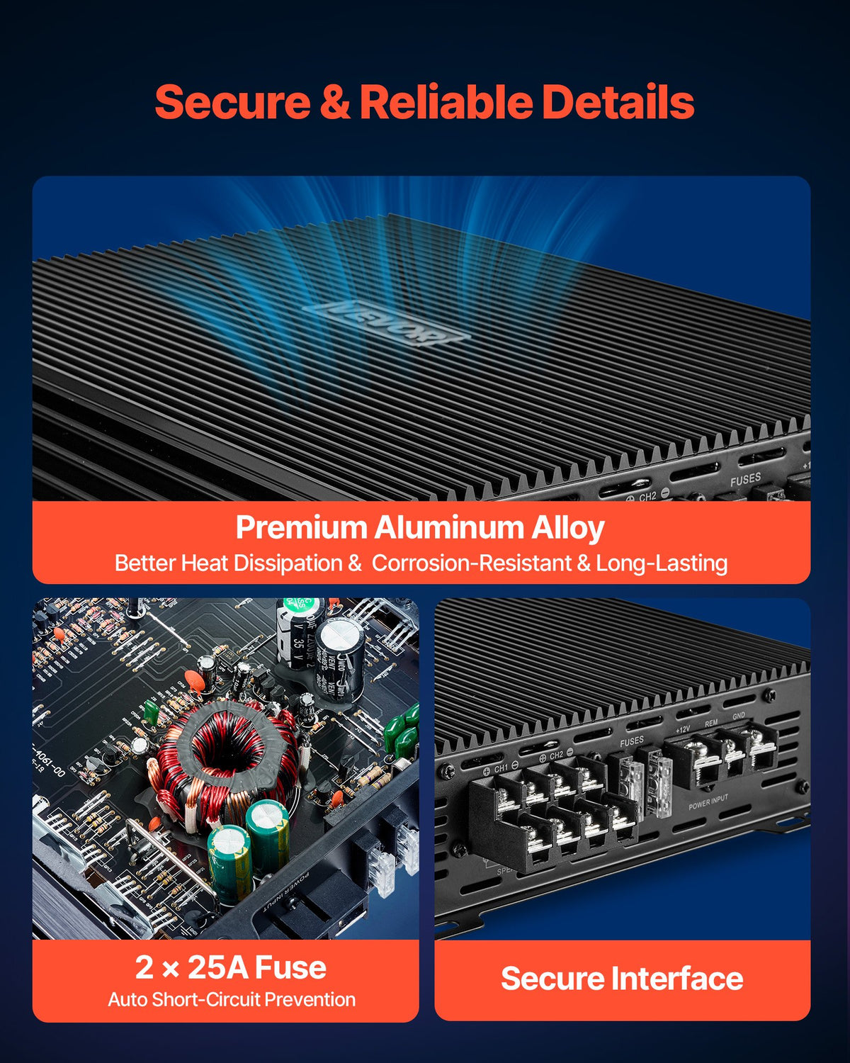 VEVOR 4 Channel Car Audio Amplifier 2 Ohm Stable Bridgeable Class A/B Full Range Amp Max Power 4 x 200W @ 4 Ohm / 4 x 400W @ 2 Ohm for Car SUV Truck Off-Road - 4TDABL4X100WHSZA8001V9 - view 6