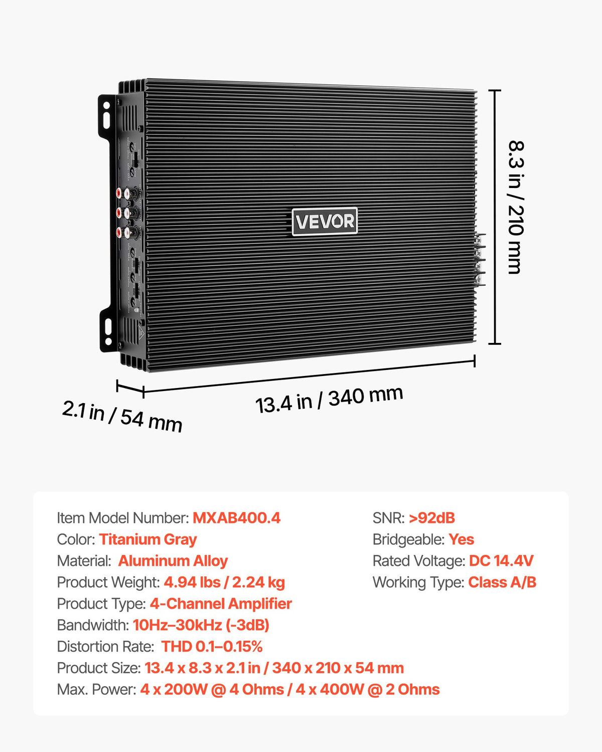 VEVOR 4 Channel Car Audio Amplifier 2 Ohm Stable Bridgeable Class A/B Full Range Amp Max Power 4 x 200W @ 4 Ohm / 4 x 400W @ 2 Ohm for Car SUV Truck Off-Road - 4TDABL4X100WHSZA8001V9 - view 8