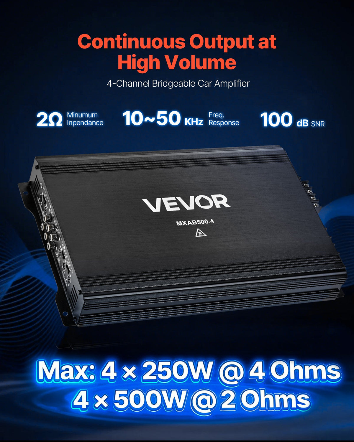 VEVOR 4 Channel Car Audio Amplifier 2 Ohm Stable Bridgeable Class A/B Full Range Amp Max Power 4 x 250W @ 4 Ohm / 4 x 500W @ 2 Ohm for Car SUV Truck Off-Road - 4TDABL4X300WNF5GG001V9 - view 3