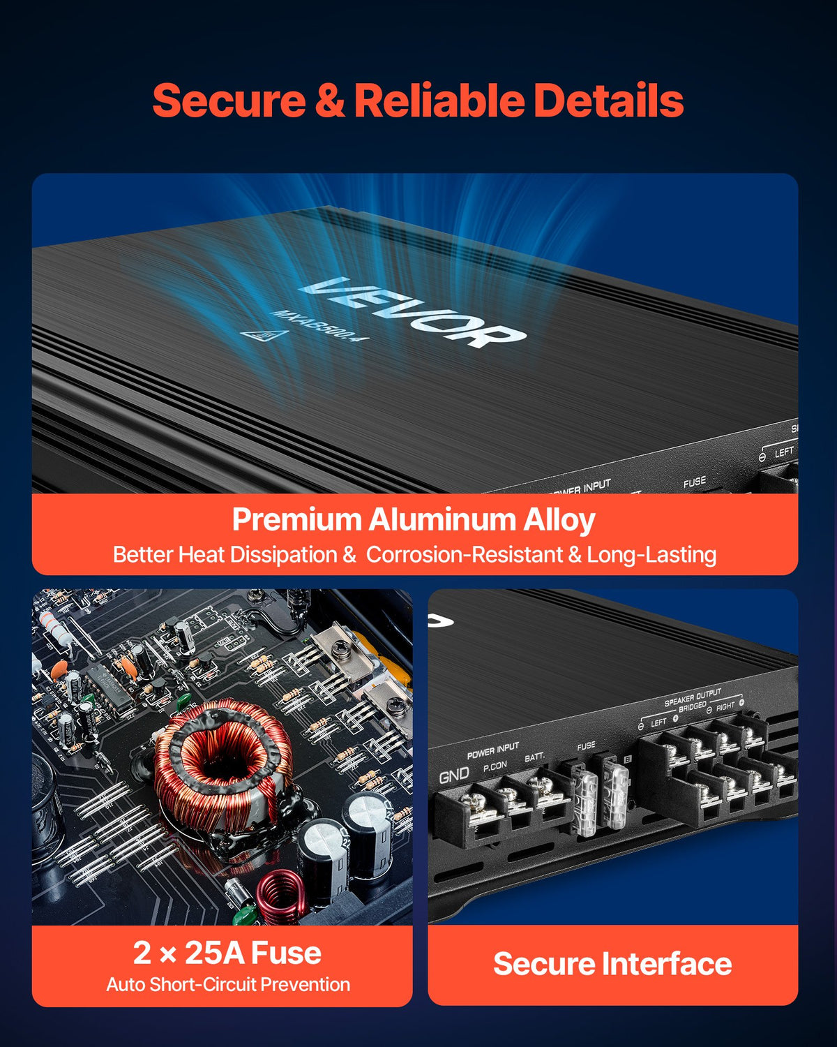 VEVOR 4 Channel Car Audio Amplifier 2 Ohm Stable Bridgeable Class A/B Full Range Amp Max Power 4 x 250W @ 4 Ohm / 4 x 500W @ 2 Ohm for Car SUV Truck Off-Road - 4TDABL4X300WNF5GG001V9 - view 6