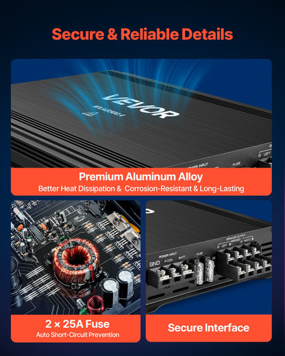 VEVOR 4 Channel Car Audio Amplifier 2 Ohm Stable Bridgeable Class A/B Full Range Amp Max Power 4 x 250W @ 4 Ohm / 4 x 500W @ 2 Ohm for Car SUV Truck Off-Road - 4TDABL4X300WNF5GG001V9 - view 6