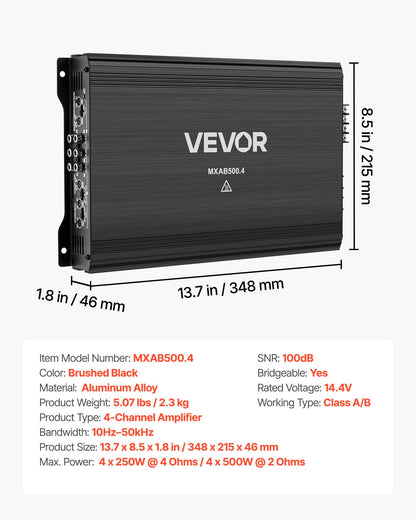 VEVOR 4 Channel Car Audio Amplifier 2 Ohm Stable Bridgeable Class A/B Full Range Amp Max Power 4 x 250W @ 4 Ohm / 4 x 500W @ 2 Ohm for Car SUV Truck Off-Road - 4TDABL4X300WNF5GG001V9 - view 8