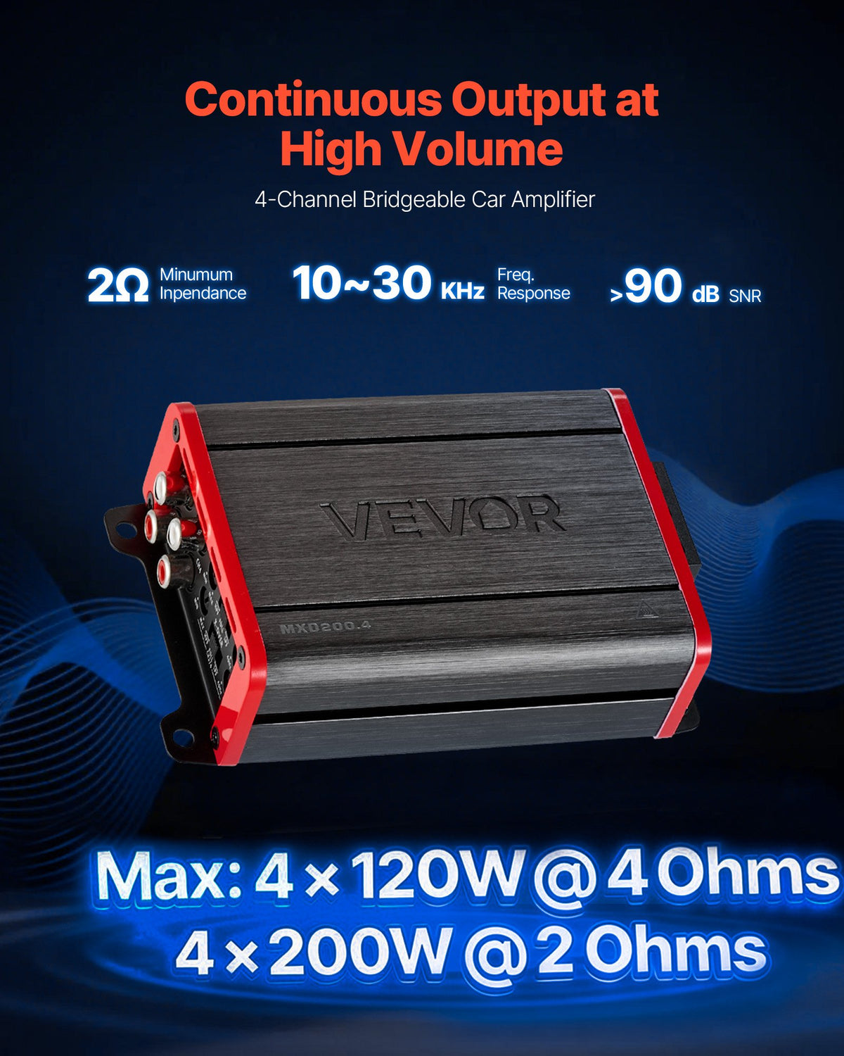 VEVOR 4 Channel Car Audio Amplifier 2 Ohm Stable Bridgeable Class D Full Range Amp Max Power 4 x 120W @ 4 Ohm / 4 x 200W @ 2 Ohm for Car SUV Truck Off-Road - 4TDDL4X100WRWVLBS001V9 - view 3