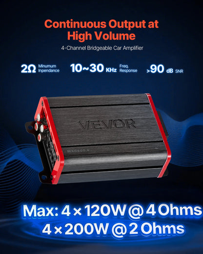 VEVOR 4 Channel Car Audio Amplifier 2 Ohm Stable Bridgeable Class D Full Range Amp Max Power 4 x 120W @ 4 Ohm / 4 x 200W @ 2 Ohm for Car SUV Truck Off-Road - 4TDDL4X100WRWVLBS001V9 - view 3