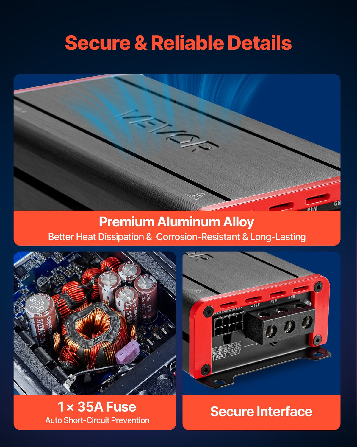 VEVOR 4 Channel Car Audio Amplifier 2 Ohm Stable Bridgeable Class D Full Range Amp Max Power 4 x 120W @ 4 Ohm / 4 x 200W @ 2 Ohm for Car SUV Truck Off-Road - 4TDDL4X100WRWVLBS001V9 - view 6