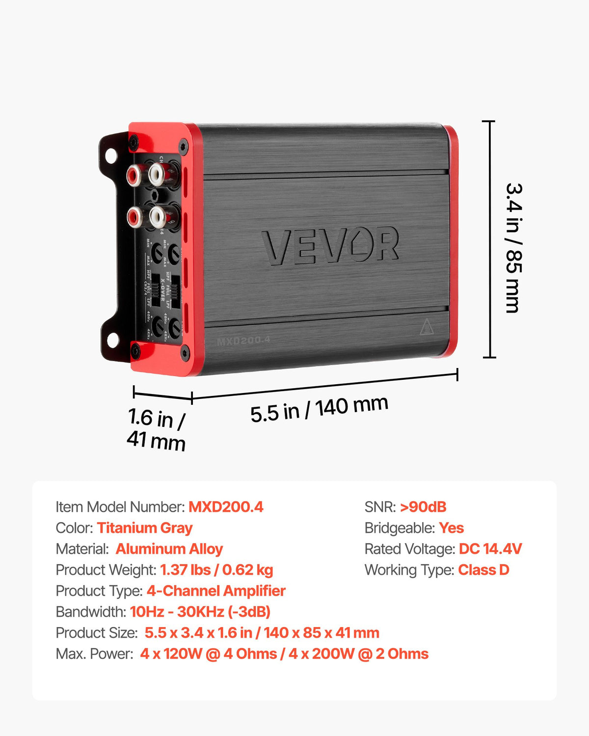 VEVOR 4 Channel Car Audio Amplifier 2 Ohm Stable Bridgeable Class D Full Range Amp Max Power 4 x 120W @ 4 Ohm / 4 x 200W @ 2 Ohm for Car SUV Truck Off-Road - 4TDDL4X100WRWVLBS001V9 - view 8
