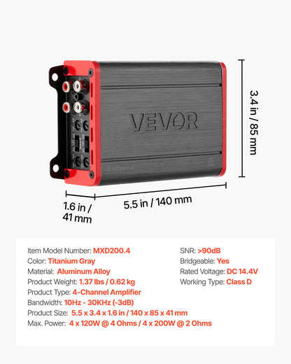 VEVOR 4 Channel Car Audio Amplifier 2 Ohm Stable Bridgeable Class D Full Range Amp Max Power 4 x 120W @ 4 Ohm / 4 x 200W @ 2 Ohm for Car SUV Truck Off-Road - 4TDDL4X100WRWVLBS001V9 - view 8