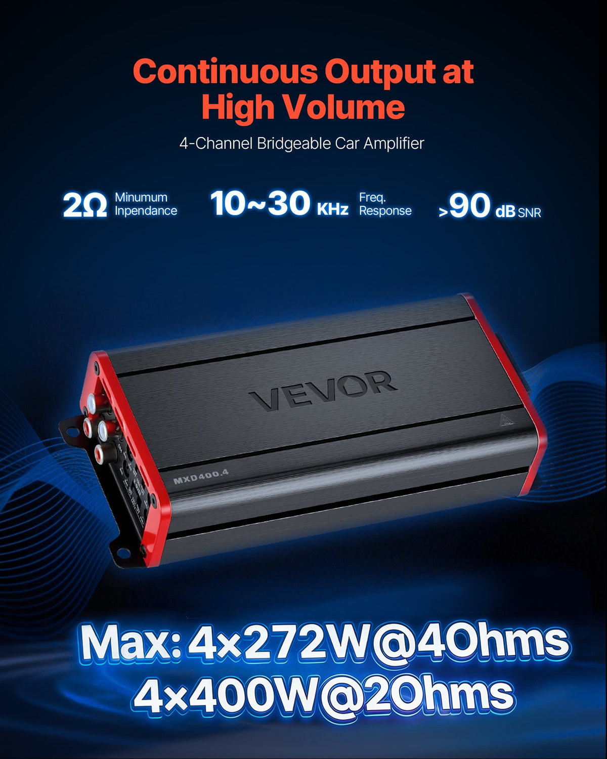 VEVOR 4 Channel Car Audio Amplifier 2 Ohm Stable Bridgeable Class D Full Range Amp Max Power 4 x 272W @ 4 Ohm / 4 x 400W @ 2 Ohm for Car SUV Truck Off-Road - 4TDDL4X200WRNVNK2001V9 - view 3