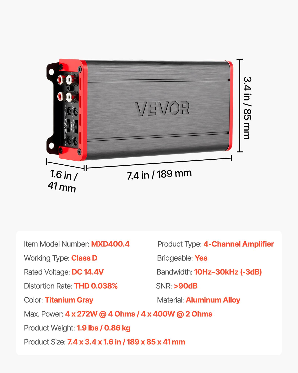 VEVOR 4 Channel Car Audio Amplifier 2 Ohm Stable Bridgeable Class D Full Range Amp Max Power 4 x 272W @ 4 Ohm / 4 x 400W @ 2 Ohm for Car SUV Truck Off-Road - 4TDDL4X200WRNVNK2001V9 - view 8