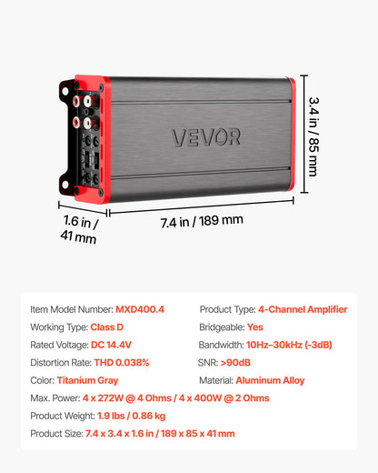 VEVOR 4 Channel Car Audio Amplifier 2 Ohm Stable Bridgeable Class D Full Range Amp Max Power 4 x 272W @ 4 Ohm / 4 x 400W @ 2 Ohm for Car SUV Truck Off-Road - 4TDDL4X200WRNVNK2001V9 - view 8