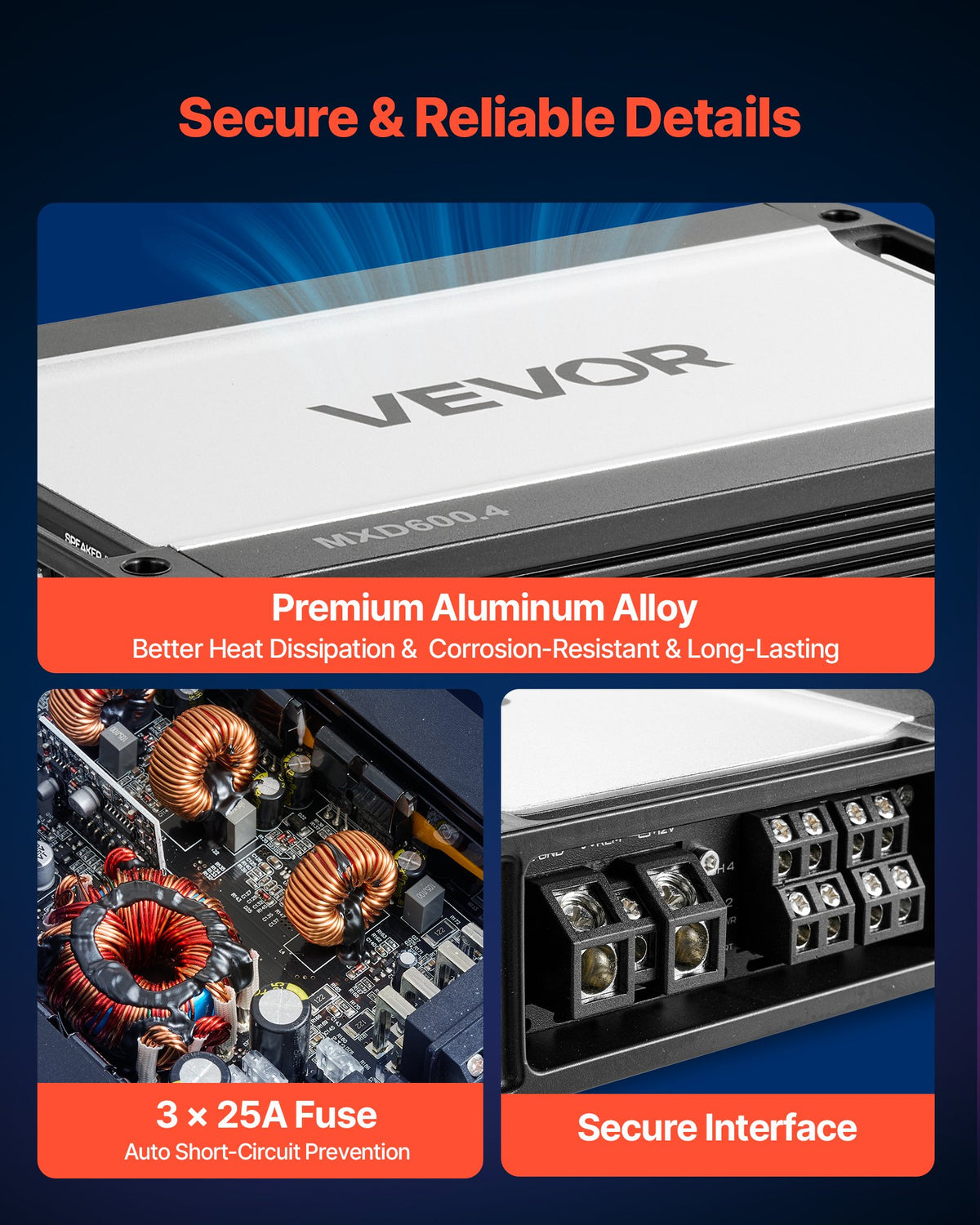 VEVOR 4 Channel Car Audio Amplifier 2 Ohm Stable Bridgeable Class D Full Range Amp Max Power 4 x 420W @ 4 Ohm / 4 x 600W @ 2 Ohm for Car SUV Truck Off-Road - 4TDDL4X300WRKT1RV001V9 - view 6