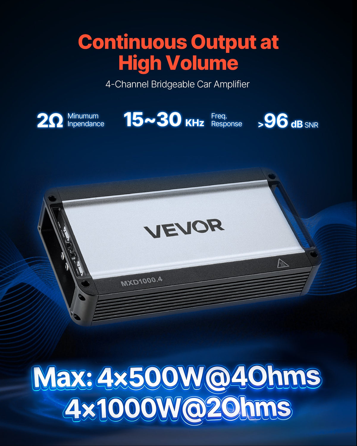 VEVOR 4 Channel Car Audio Amplifier 2 Ohm Stable Bridgeable Class D Full Range Amp Max Power 4 x 500W @ 4 Ohm / 4 x 1000W @ 2 Ohm for Car SUV Truck Off-Road - 4TDDL4X500WRFRT2Y001V9 - view 3