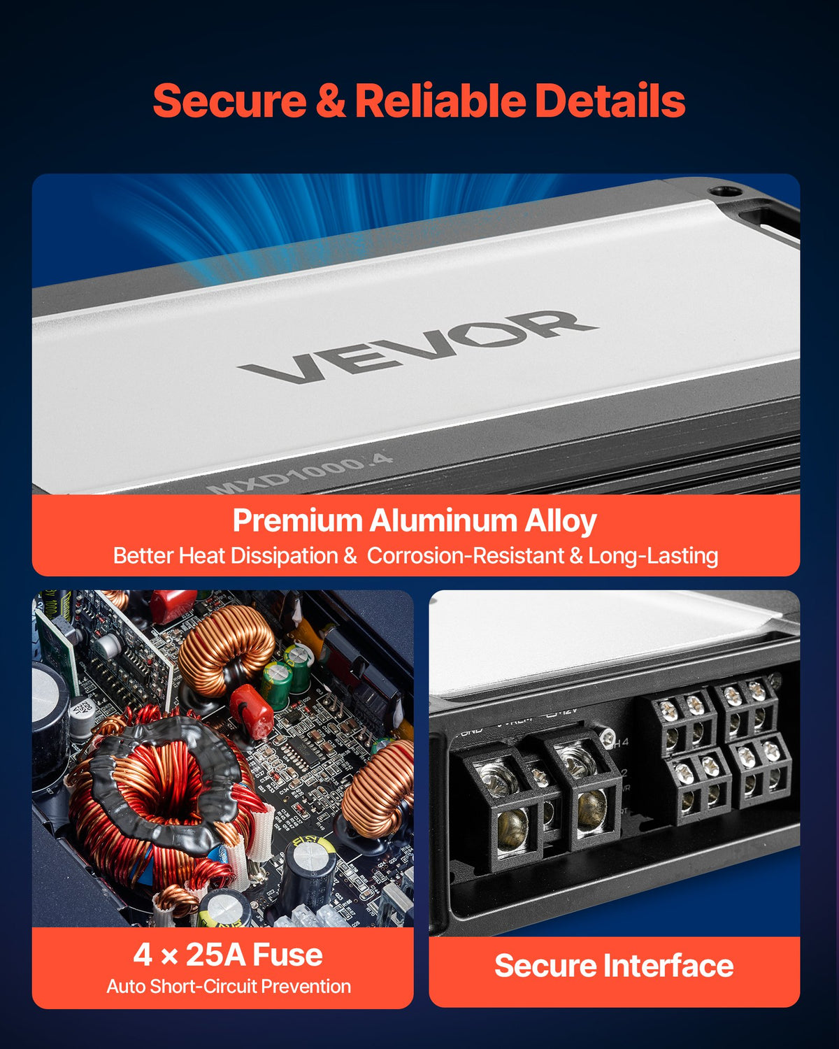 VEVOR 4 Channel Car Audio Amplifier 2 Ohm Stable Bridgeable Class D Full Range Amp Max Power 4 x 500W @ 4 Ohm / 4 x 1000W @ 2 Ohm for Car SUV Truck Off-Road - 4TDDL4X500WRFRT2Y001V9 - view 6