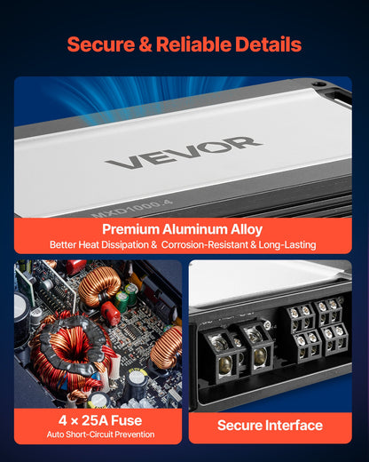 VEVOR 4 Channel Car Audio Amplifier 2 Ohm Stable Bridgeable Class D Full Range Amp Max Power 4 x 500W @ 4 Ohm / 4 x 1000W @ 2 Ohm for Car SUV Truck Off-Road - 4TDDL4X500WRFRT2Y001V9 - view 6