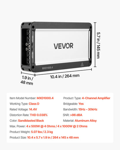 VEVOR 4 Channel Car Audio Amplifier 2 Ohm Stable Bridgeable Class D Full Range Amp Max Power 4 x 500W @ 4 Ohm / 4 x 1000W @ 2 Ohm for Car SUV Truck Off-Road - 4TDDL4X500WRFRT2Y001V9 - view 8