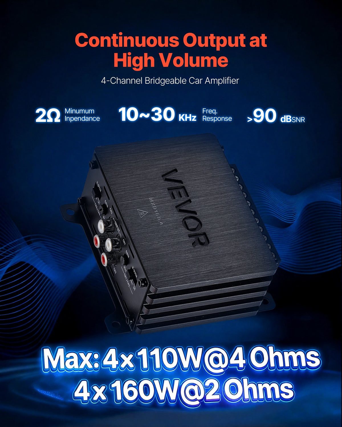 VEVOR 4 Channel Car Audio Amplifier 2 Ohm Stable Bridgeable Class D Full Range Amp Max Power 4 x 110W @ 4 Ohm / 4 x 160W @ 2 Ohm for Car SUV Truck Off-Road - 4TDDL4X80WRM9NB6L001V9 - view 3