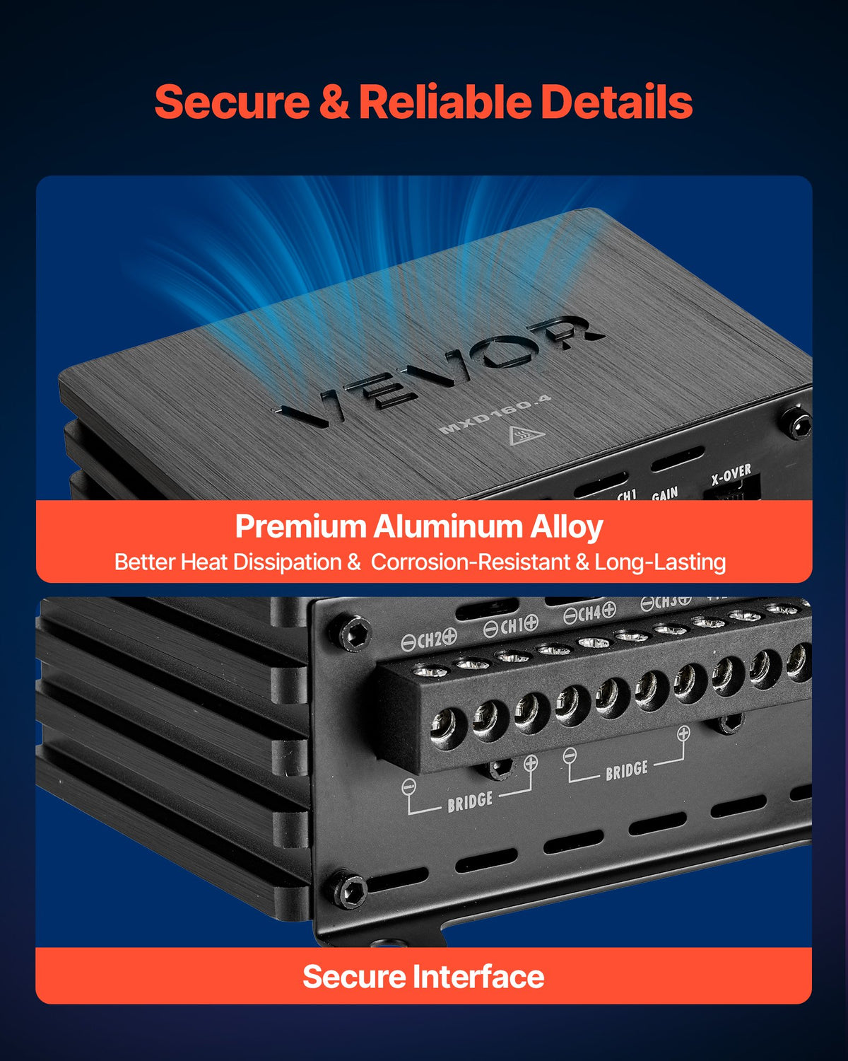 VEVOR 4 Channel Car Audio Amplifier 2 Ohm Stable Bridgeable Class D Full Range Amp Max Power 4 x 110W @ 4 Ohm / 4 x 160W @ 2 Ohm for Car SUV Truck Off-Road - 4TDDL4X80WRM9NB6L001V9 - view 6