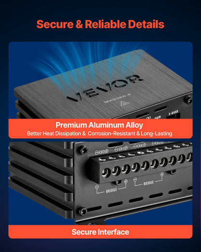 VEVOR 4 Channel Car Audio Amplifier 2 Ohm Stable Bridgeable Class D Full Range Amp Max Power 4 x 110W @ 4 Ohm / 4 x 160W @ 2 Ohm for Car SUV Truck Off-Road - 4TDDL4X80WRM9NB6L001V9 - view 6