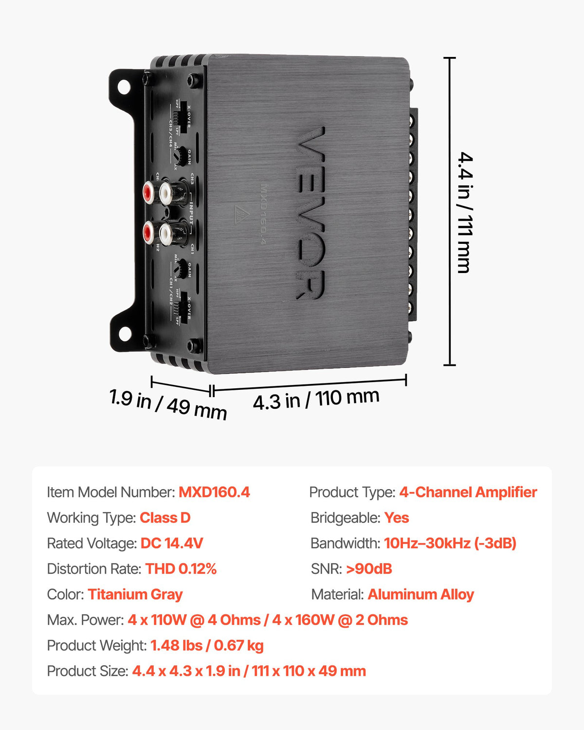 VEVOR 4 Channel Car Audio Amplifier 2 Ohm Stable Bridgeable Class D Full Range Amp Max Power 4 x 110W @ 4 Ohm / 4 x 160W @ 2 Ohm for Car SUV Truck Off-Road - 4TDDL4X80WRM9NB6L001V9 - view 8