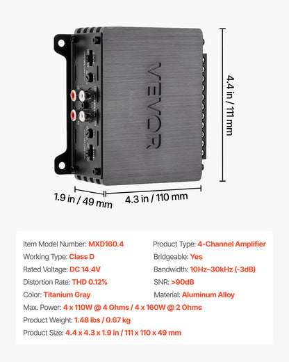 VEVOR 4 Channel Car Audio Amplifier 2 Ohm Stable Bridgeable Class D Full Range Amp Max Power 4 x 110W @ 4 Ohm / 4 x 160W @ 2 Ohm for Car SUV Truck Off-Road - 4TDDL4X80WRM9NB6L001V9 - view 8
