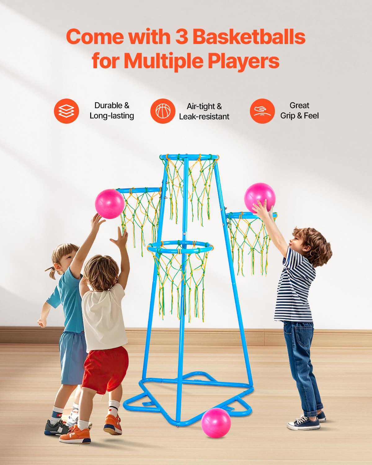 VEVOR Kids Basketball Hoop, 4-Hoop Child Basketball Hoops, Portable Basketball Stand with Adjustable Heights and 3 Balls, Indoor and Outdoor Basketball Toy Set for Children of All Ages, Boys & Girls - 4TLQJ140CM00DEUB5V0 - view 6