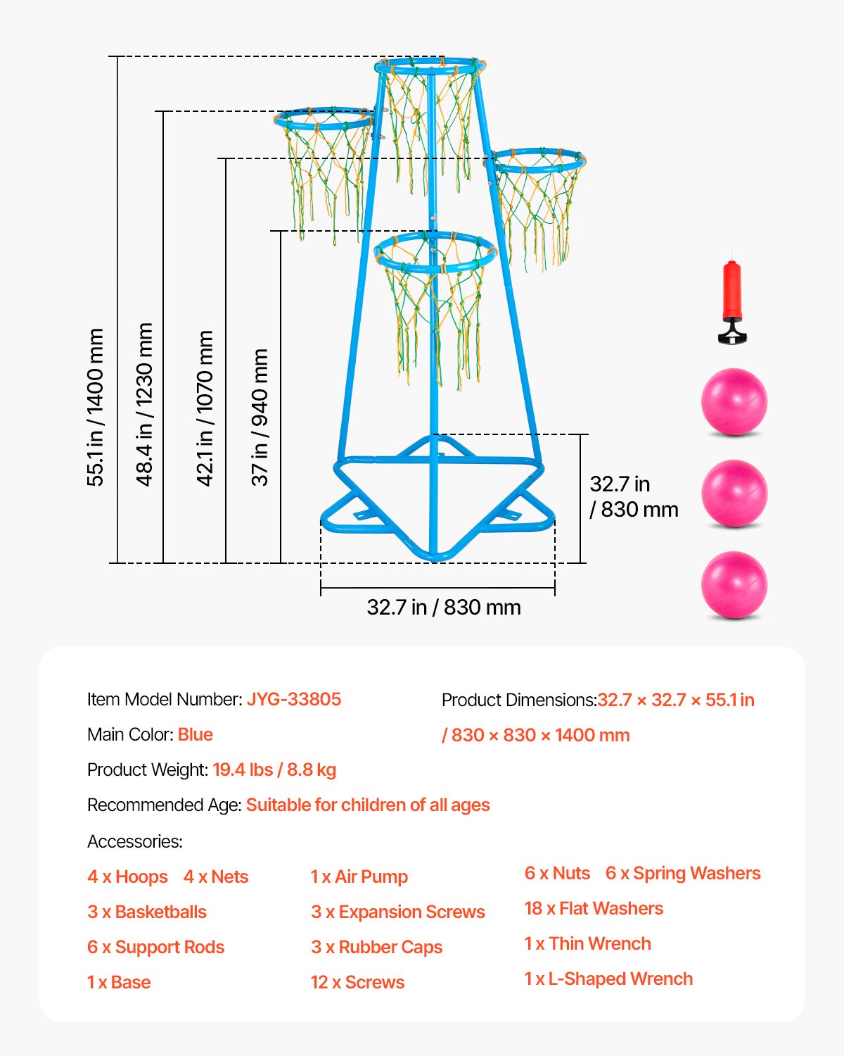 VEVOR Kids Basketball Hoop, 4-Hoop Child Basketball Hoops, Portable Basketball Stand with Adjustable Heights and 3 Balls, Indoor and Outdoor Basketball Toy Set for Children of All Ages, Boys & Girls - 4TLQJ140CM00DEUB5V0 - view 8
