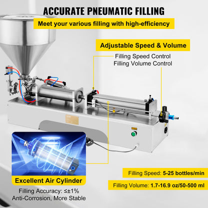 VEVOR Pneumatic Liquid Paste Filling Machine 50-500ML Volume, Horizontal Cream Filling Machine with 30L Hopper, Pneumatic liquid Filling Machine for Water Oil Cream etc - 50-500MLYTGZJJLD1V1 - view 3