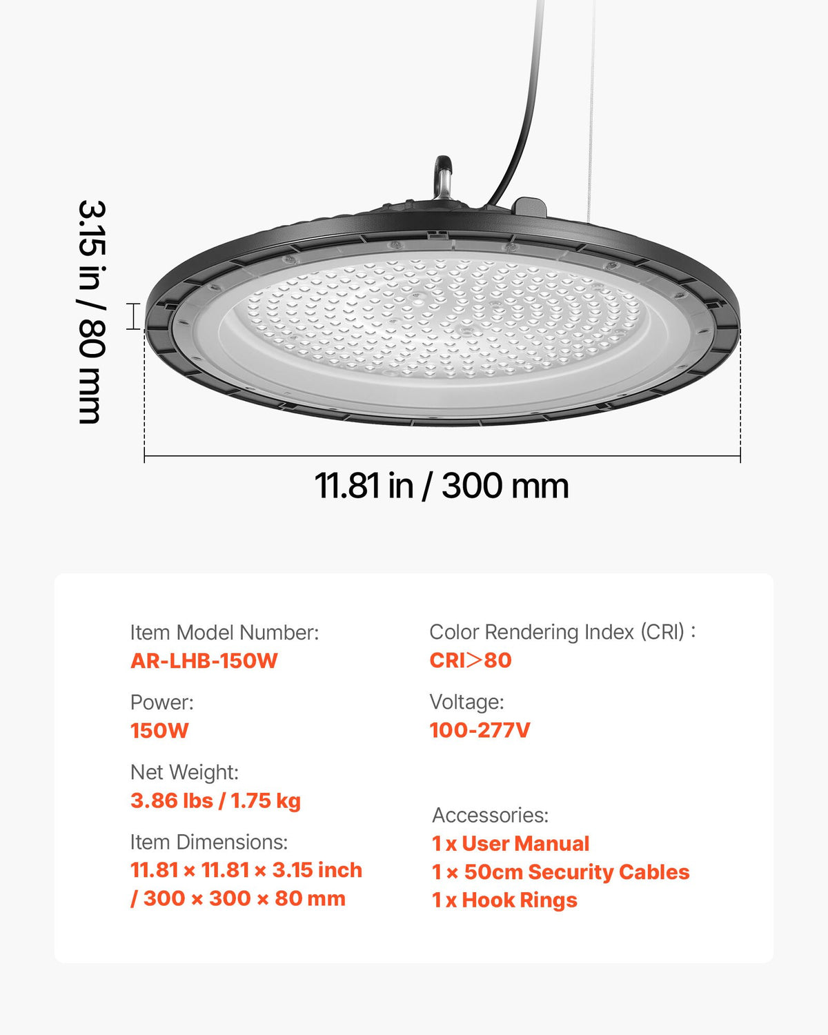 VEVOR 6 Pack LED High Bay Lights, 5000K 150W 21000LM Super Bright UFO LED Warehouse Shop Lights, IP65 Waterproof, 100-277V Wide Voltage for Warehouse Workshop Factory Gym Garage Barn, Black - 5000KHWD6PCSCUCHV001V1 - view 8