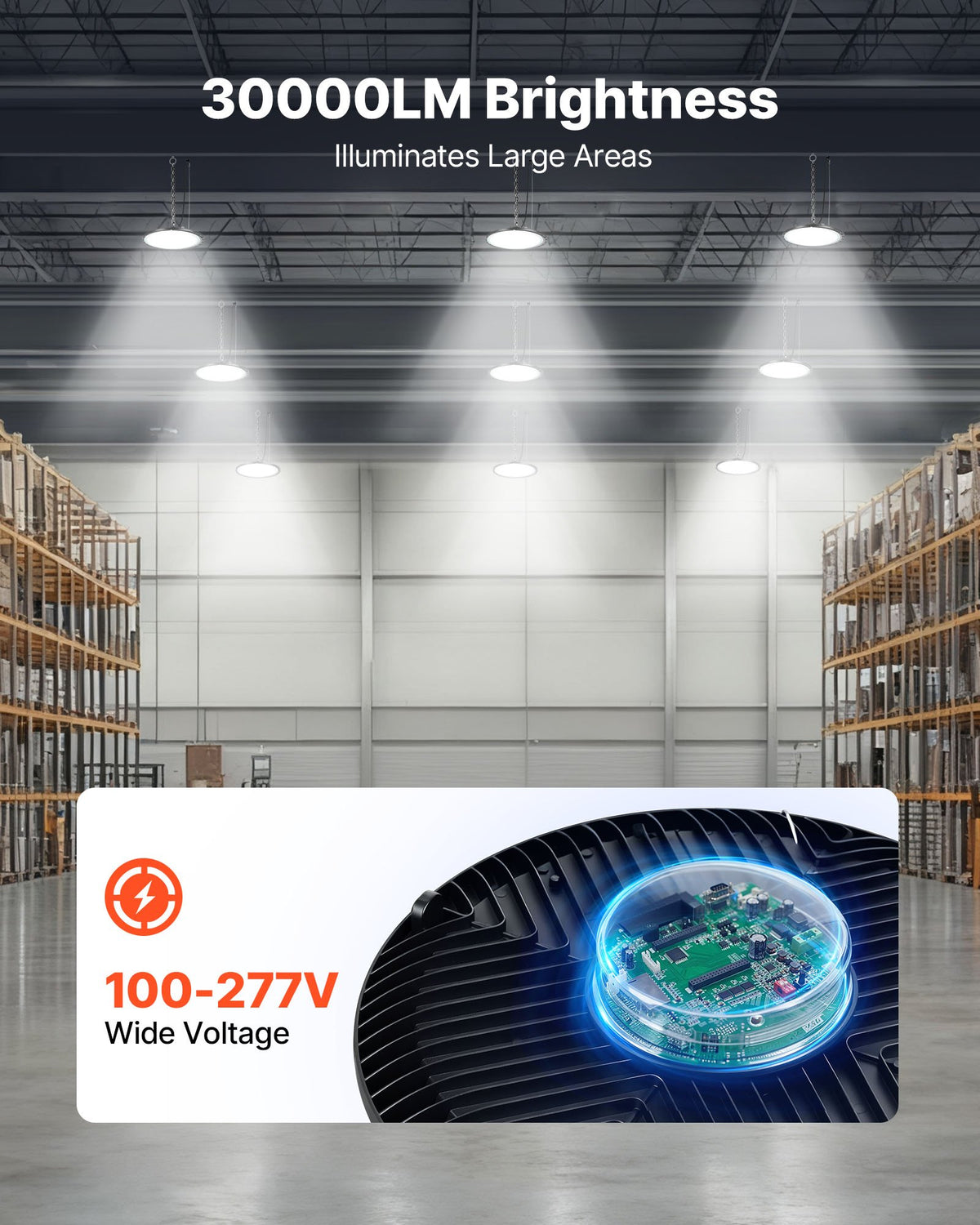 VEVOR 6 Pack LED High Bay Lights, 5000K 200W 30000LM Super Bright UFO LED Warehouse Shop Lights, IP65 Waterproof, 100-277V Wide Voltage for Warehouse Workshop Factory Gym Garage Barn, Black - 5000KHWD6PCSZRCE7001V1 - view 3
