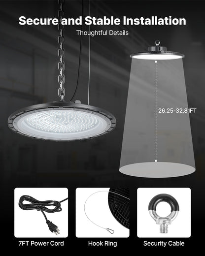 VEVOR 6 Pack LED High Bay Lights, 5000K 200W 30000LM Super Bright UFO LED Warehouse Shop Lights, IP65 Waterproof, 100-277V Wide Voltage for Warehouse Workshop Factory Gym Garage Barn, Black - 5000KHWD6PCSZRCE7001V1 - view 7