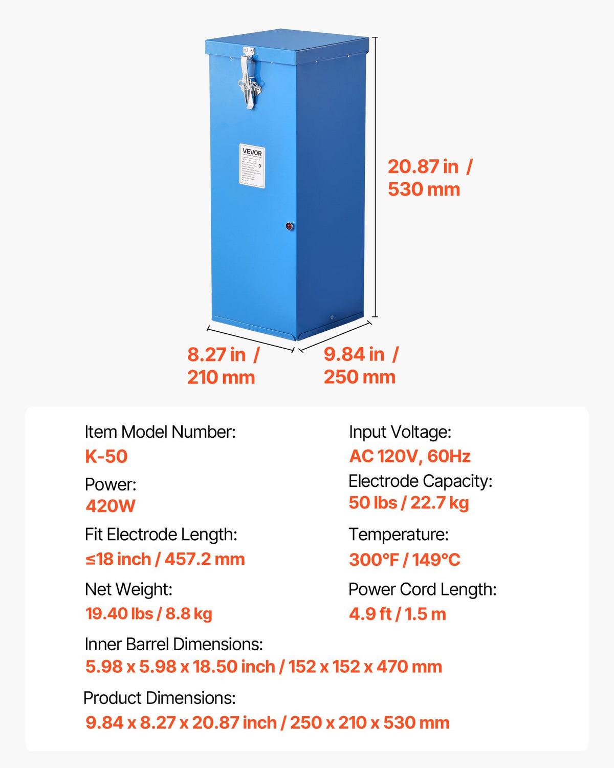 VEVOR Portable Welding Rod Oven, 50LBS Capacity Electrodes Drying Oven 420W 120V, 300℉ Fast Heating Welding Rods Dryer for 18-inch Stick Electrodes - with Easy-to-Carry Handle & Safety Locking Latch - 50BFXLSDHTHGYR2XK001V9 - view 8