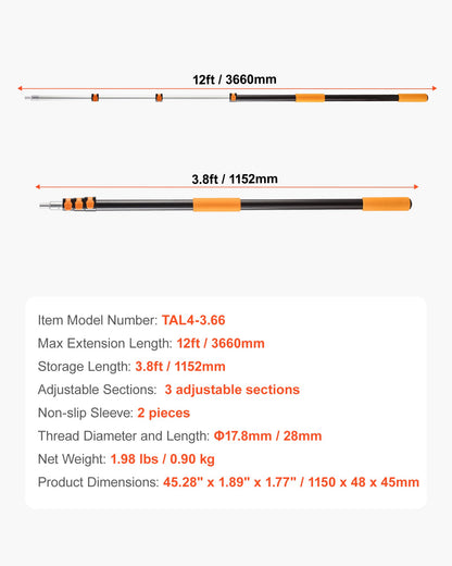 VEVOR Telescopic Extension Pole, 3.8-12 FT Multi-Purpose Extendable Pole, Sturdy Aluminum Alloy Paint Pole Extension with Flip-Lock Design, High Reach Roller Stick for Painting, Dusting and Cleaning - 512YCYZGJS00LBY7J001V0 - view 8
