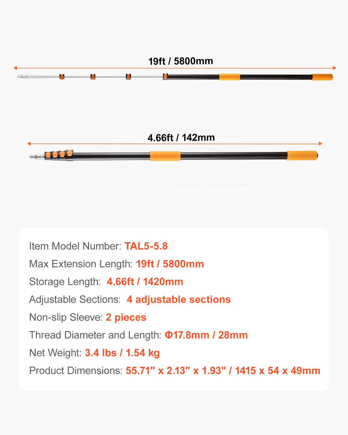 VEVOR Telescopic Extension Pole, 4.66-19 FT Multi-Purpose Extendable Pole, Sturdy Aluminum Alloy Paint Pole Extension with Flip-Lock Design, High Reach Roller Stick for Painting, Dusting and Cleaning - 520YCGTYZGJS5ACKC001V0 - view 8