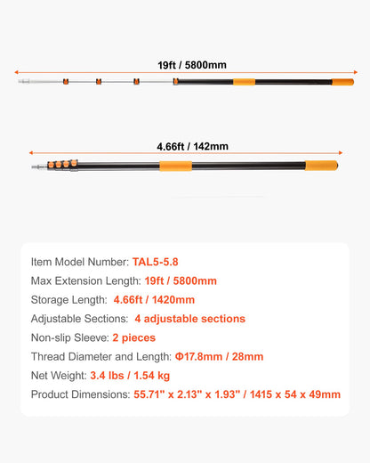 VEVOR Telescopic Extension Pole, 4.66-19 FT Multi-Purpose Extendable Pole, Sturdy Aluminum Alloy Paint Pole Extension with Flip-Lock Design, High Reach Roller Stick for Painting, Dusting and Cleaning - 520YCGTYZGJS5ACKC001V0 - view 8