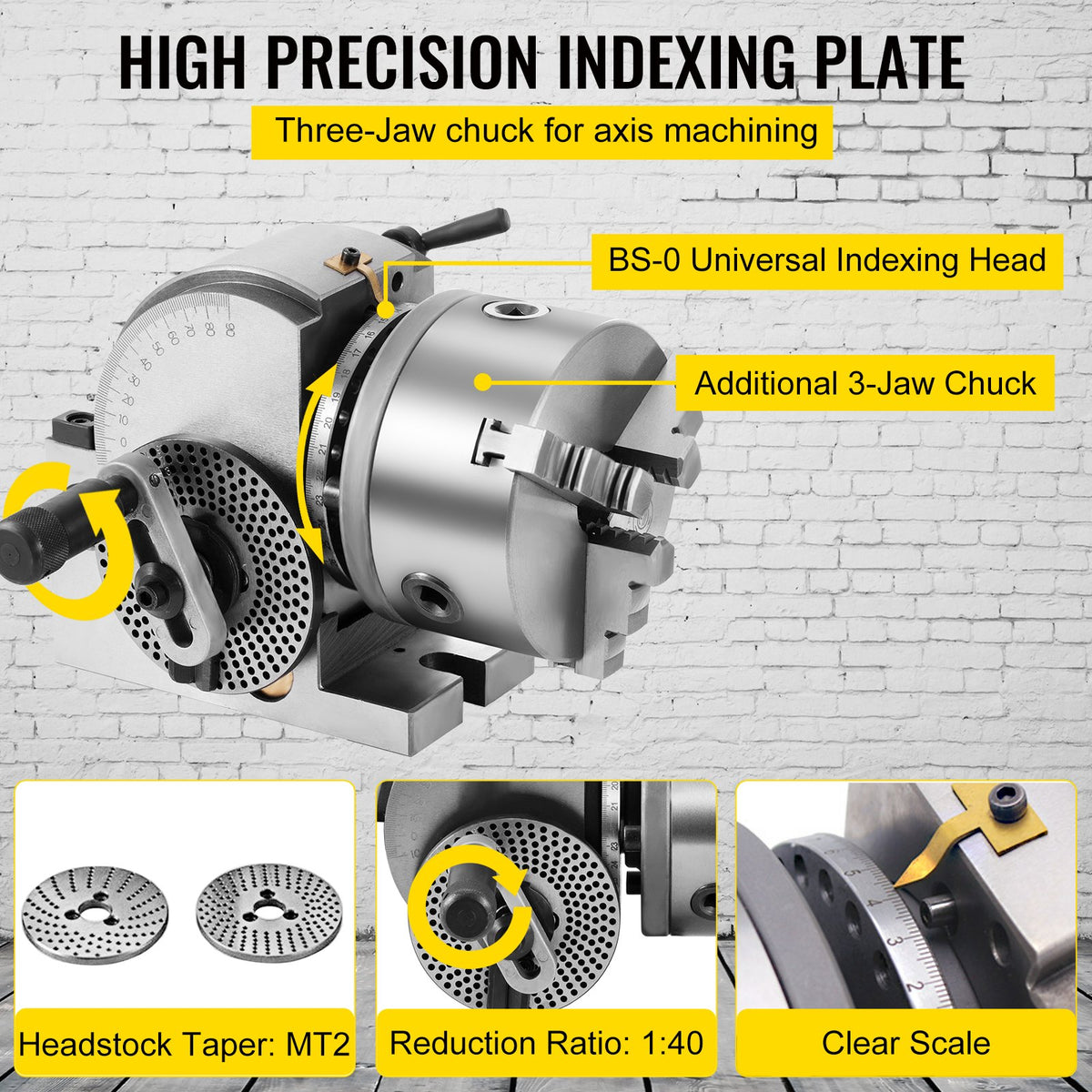 VEVOR Dividing Head BS-0 5Inch 3 Jaw Chuck Dividing Head Set Precision Semi Universal Dividing Head for Milling Machine Rotary Table Tailstock Milling Set (5 Inch Chuck) - 5CFDT000000000001V0 - view 6