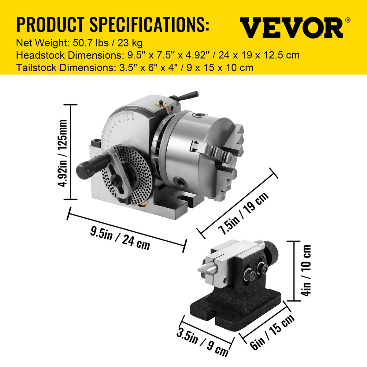 VEVOR Dividing Head BS-0 5Inch 3 Jaw Chuck Dividing Head Set Precision Semi Universal Dividing Head for Milling Machine Rotary Table Tailstock Milling Set (5 Inch Chuck) - 5CFDT000000000001V0 - view 8