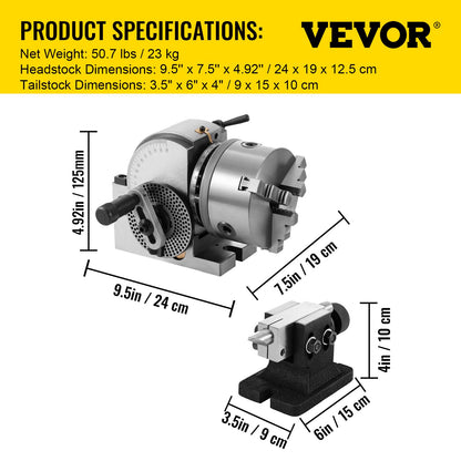 VEVOR Dividing Head BS-0 5Inch 3 Jaw Chuck Dividing Head Set Precision Semi Universal Dividing Head for Milling Machine Rotary Table Tailstock Milling Set (5 Inch Chuck) - 5CFDT000000000001V0 - view 8